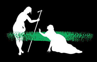 T-shirt design of two silhouettes of a kneeling woman and a standing man. Illustration of the painting called Noli Me Tangere by Titian.