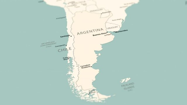 Argentina on the world map. Smooth map rotation. 4K animation.