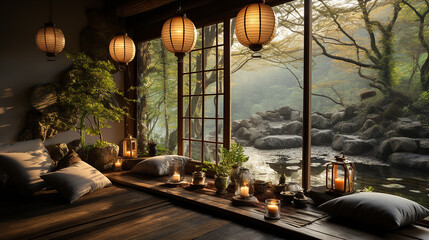 Japanese zen garden retreat meditation lanterns 