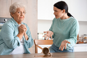 Senior woman and her daughter upset about spilled tea in kitchen