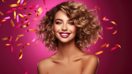Obraz na płótnie Canvas young beautiful smiling woman at a party, stylish girl dancing, disco, holiday, fun, sparkles, bright makeup, color background, studio, new year, birthday, celebration, fashion, makeup, portrait, lady