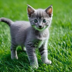 Gray kitten on green grass