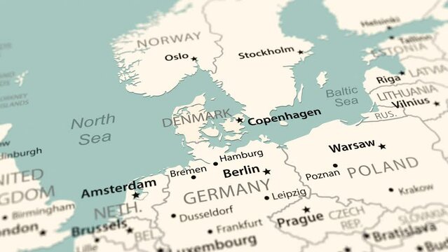 Denmark on the world map. Smooth map rotation. 4K animation.