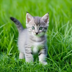 Naklejka na ściany i meble Gray kitten on green grass