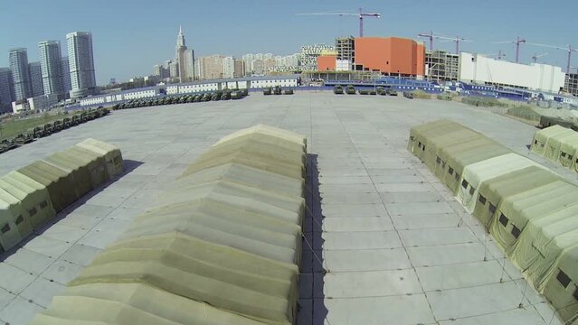 Military tents near machines for Victory Day Parade on Red Square