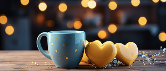 taza de porcelana azul decorada con corazones junto a un grupo de corazones amarillos, sobre superficie de madera y fondo oscuro y dorado desenfocado, concepto san valentín, dia de la madre - obrazy, fototapety, plakaty