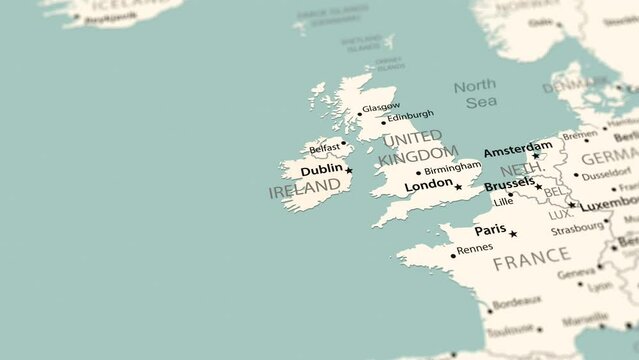 Ireland on the world map. Smooth map rotation. 4K animation.