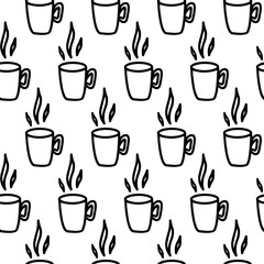 Hand drawn seamless pattern with cup of coffee, chocolate, cocoa, americano or cappuccino. Doodle mug isolated on white background. Adults and kids coloring page, coloring book, design for cafe