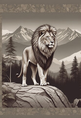 A lion against a landscape of forest, mountains and a waterfall