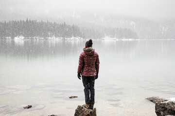 foggy lake in winter snowfall - obrazy, fototapety, plakaty