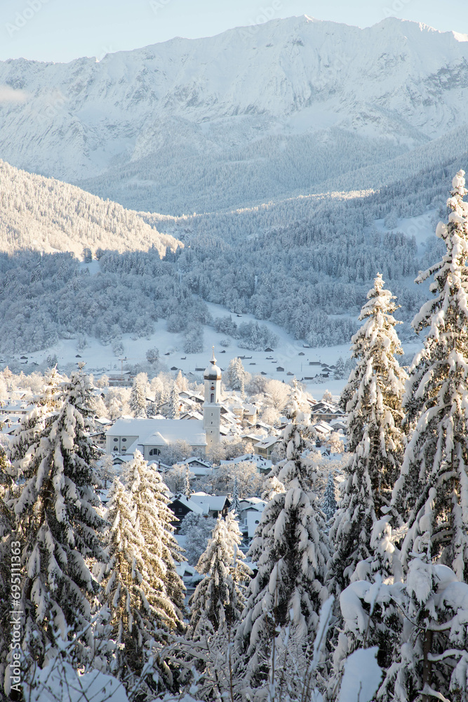 Sticker winter mountain landscape in the alps with snow covered fir trees