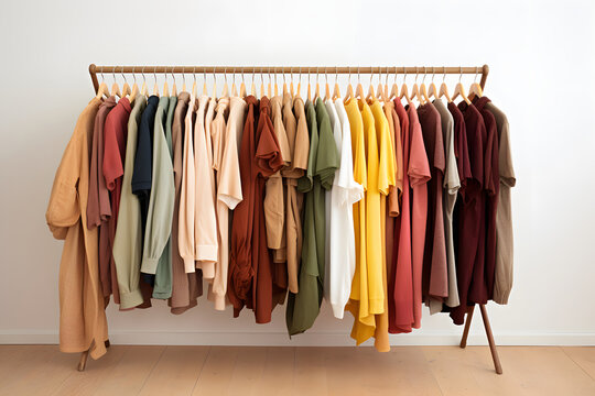 Stilvolle Reihung: Aufgereihte Klamotten auf einer Kleiderstange f&uuml;r modische Vielfalt und geordneten Fashion-Look