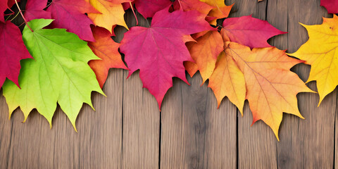 Naklejka na ściany i meble A Vibrant Collection of Autumn Leaves on a Rustic Wooden Background