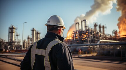 Engineer inspecting newly manufactured oilfield gas oil refinery equipment plant facility manufacturing in an environmentally conscious setting