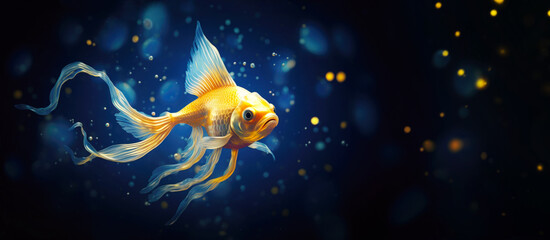 Golden Fish Swimming on Blue Background with Copy Space - obrazy, fototapety, plakaty