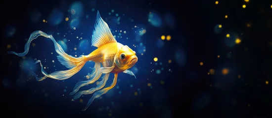 Fotobehang Golden Fish Swimming on Blue Background with Copy Space © fotoyou