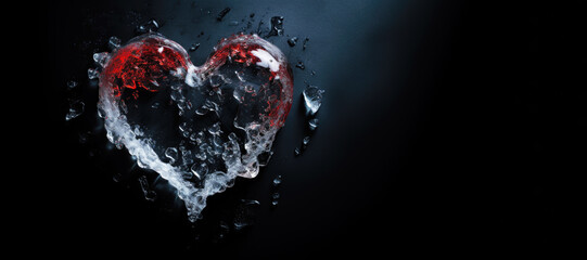 Ice in the Shape of Heart Melting on Black Background, Copy Space