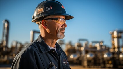 Fototapeta premium Engineer inspecting newly manufactured oilfield gas oil refinery equipment plant facility manufacturing in an environmentally conscious setting
