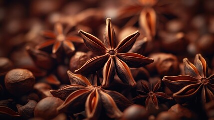 Close-up of star anise and seeds, showcasing the intricate details of the spices. Dark Background. Ideal for culinary projects, spice catalogs, or food blogs. Organic brown spices.
