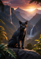 Black cougar against a backdrop of forest, mountains and waterfall