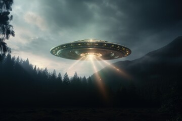 UFO with radiant lights hovering over forest under night sky. Futuristic alien spaceship. Copy space. Ideal for projects exploring extraterrestrial themes, science fiction, and unknown. Sci-fi concept - obrazy, fototapety, plakaty