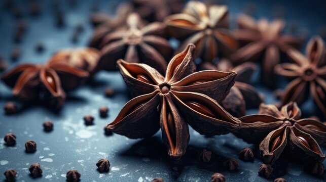 Close-up of star anise and seeds on a dark blue textured surface, showcasing the intricate details of the spices. Ideal for culinary projects, spice catalogs, or food blogs.