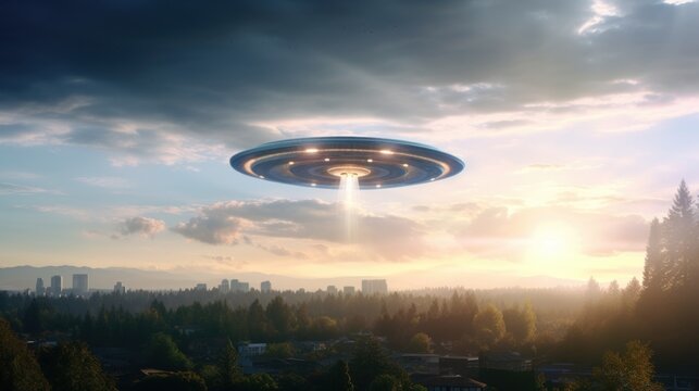 A large UFO hovers over a cityscape at daytime. Futuristic alien spaceship. Copy space. Ideal for projects exploring extraterrestrial themes, science fiction, and unknown. Sci-fi concept.