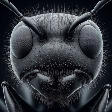 Macro photo of a black ant showing details of its two eyes