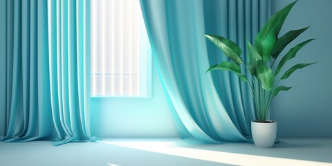 A blue sunny room with a plant and blue curtain, concept of cozy flat