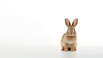 Fototapeta na wymiar A brown rabbit with large ears on a white background. With copy space. Banner. Cute bunny. Ideal for pet, Easter, or wildlife content.
