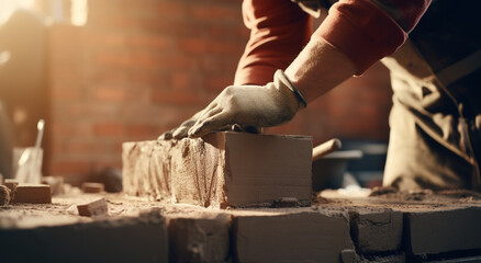 Close up of industrial bricklayer installing bricks on construction site. - obrazy, fototapety, plakaty