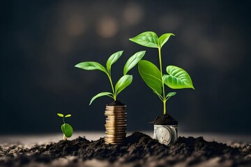 plants growing in bulbs green investment concept Rising money to invest A seedling is growing on a coin lying on the ground. financial growth concept - obrazy, fototapety, plakaty