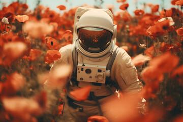 an astronaut exploring a strange, beautiful, and flowery world 