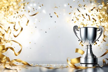 championship cup or winner trophy in golden and silver shiny chrome with celebration confetti and ribbon decoration as wide banner with copy space area