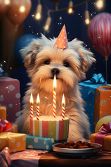 pies w kapeluszu urodzinowym, otoczonego prezentami i dekoracjami - obrazy, fototapety, plakaty