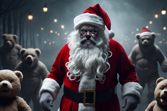 Spooky scary Santa Claus zombie with army of evil teddy bears. Horror in the north pole: when Santa Claus turned undead