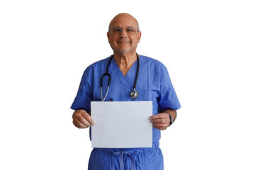 Bald caucasian male doctor wearing blue scrubs holding blank white sign and smiling on a transparent background