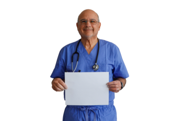 Bald caucasian male doctor wearing blue scrubs holding blank white sign and smiling on a transparent background