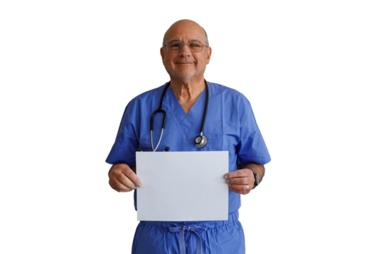 Bald caucasian male doctor wearing blue scrubs holding blank white sign and smiling on a transparent background