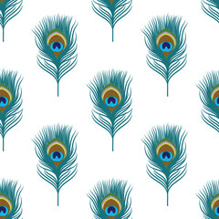 Seamless pattern with artistic green peacock feathers