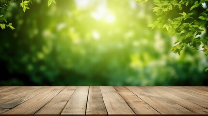 Naklejka na ściany i meble empty wooden table with green nature background