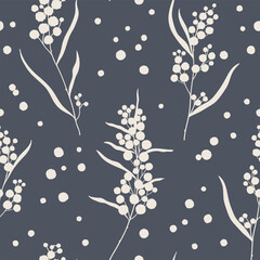 Hand drawn monochrome wattle branch seamless pattern