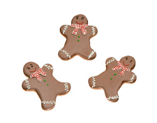 Naklejka premium Three brown gingerbread cookies on white background.