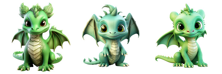 Fototapeta premium Green beautiful cartoon dragons with big eyes