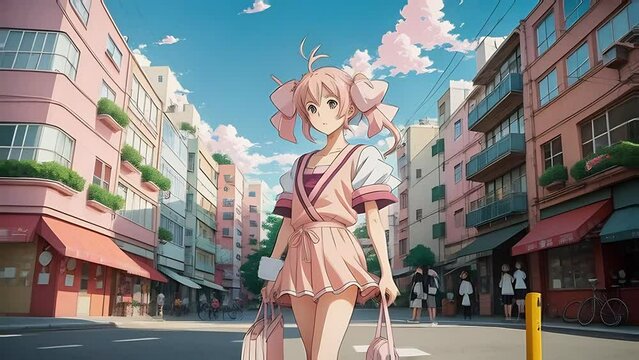 Pink-Haired Anime girl on the background of the city