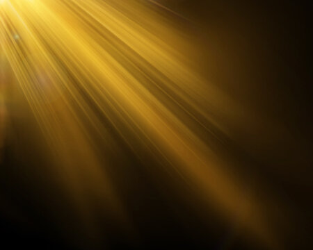 Bright sun flare. Bright glow from a searchlight. Realistic shine ray overlay on a dark background