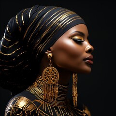 portrait of a black woman with decorative minimal gold parts on a black background - obrazy, fototapety, plakaty