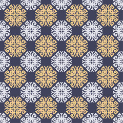 Decorative Asian folk seamless pattern. Repeating background in nomad style. Colored fabric swatch with surface design, minimal print on wallpaper, fabrics, gift wrap, templates. Vector.