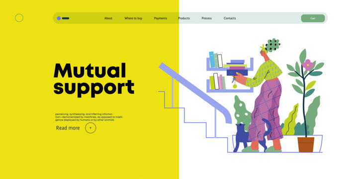 Mutual Support: Book Swap -modern flat vector concept illustration of a woman leaving books on a shelf in hallway for neighbors A metaphor of voluntary, collaborative exchanges of resource, services