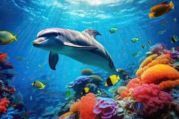 coral reef and fish and dolphin
